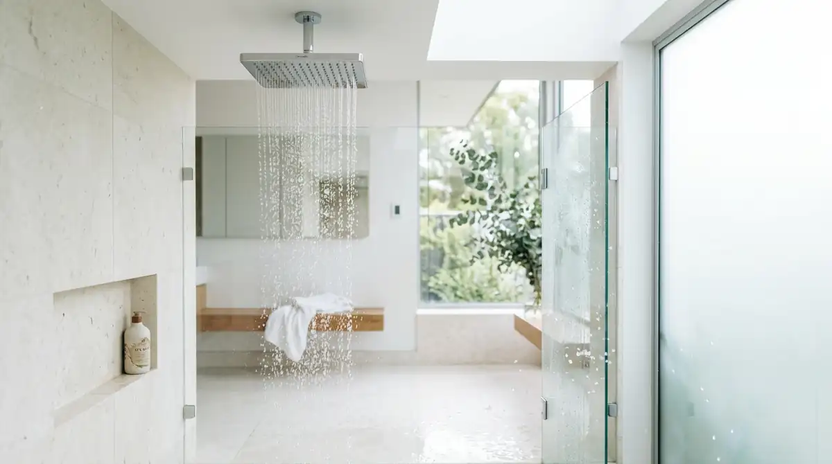 Clean water from a rainfall shower head in a bright bathroom
