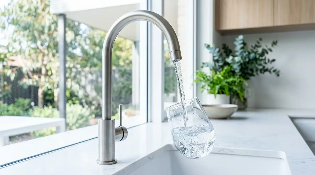 Clear water pouring from a kitchen mixer tap into a glass