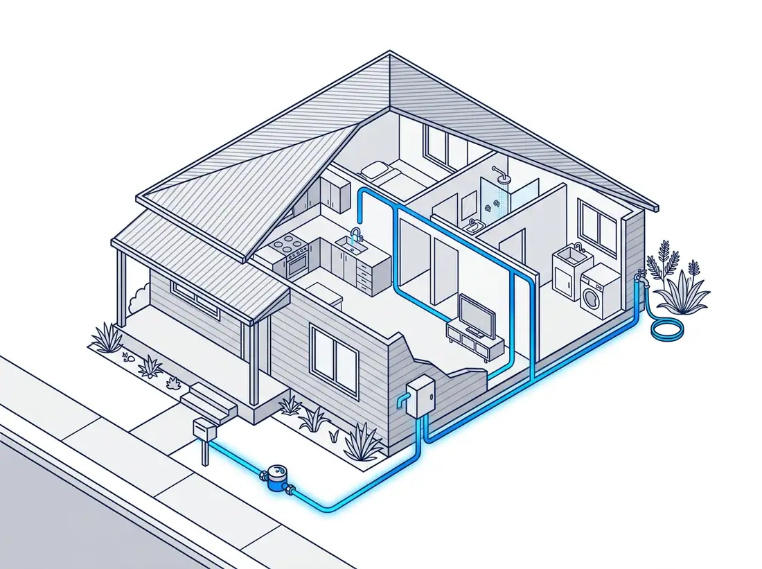 Cutaway illustration of a house showing filtered water entering at the meter and branching to the kitchen, bathroom, laundry and garden