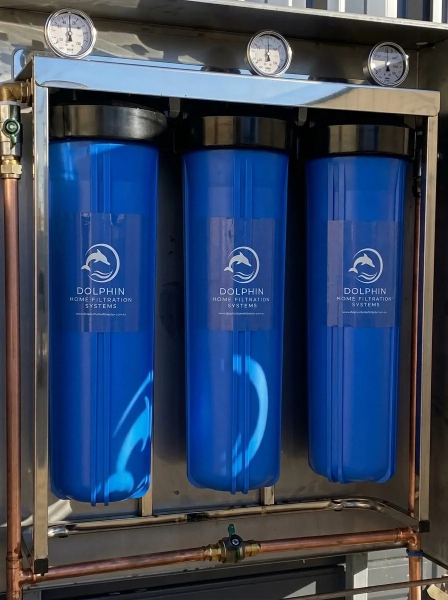 Three Dolphin cartridge housings with pressure gauges and copper pipework inside the stainless enclosure