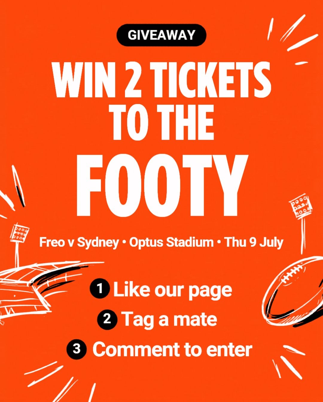 WIN 2 tickets to the footy — Freo v Sydney, Optus Stadium, Thursday 9 July. Like our page, tag a mate, comment to enter.