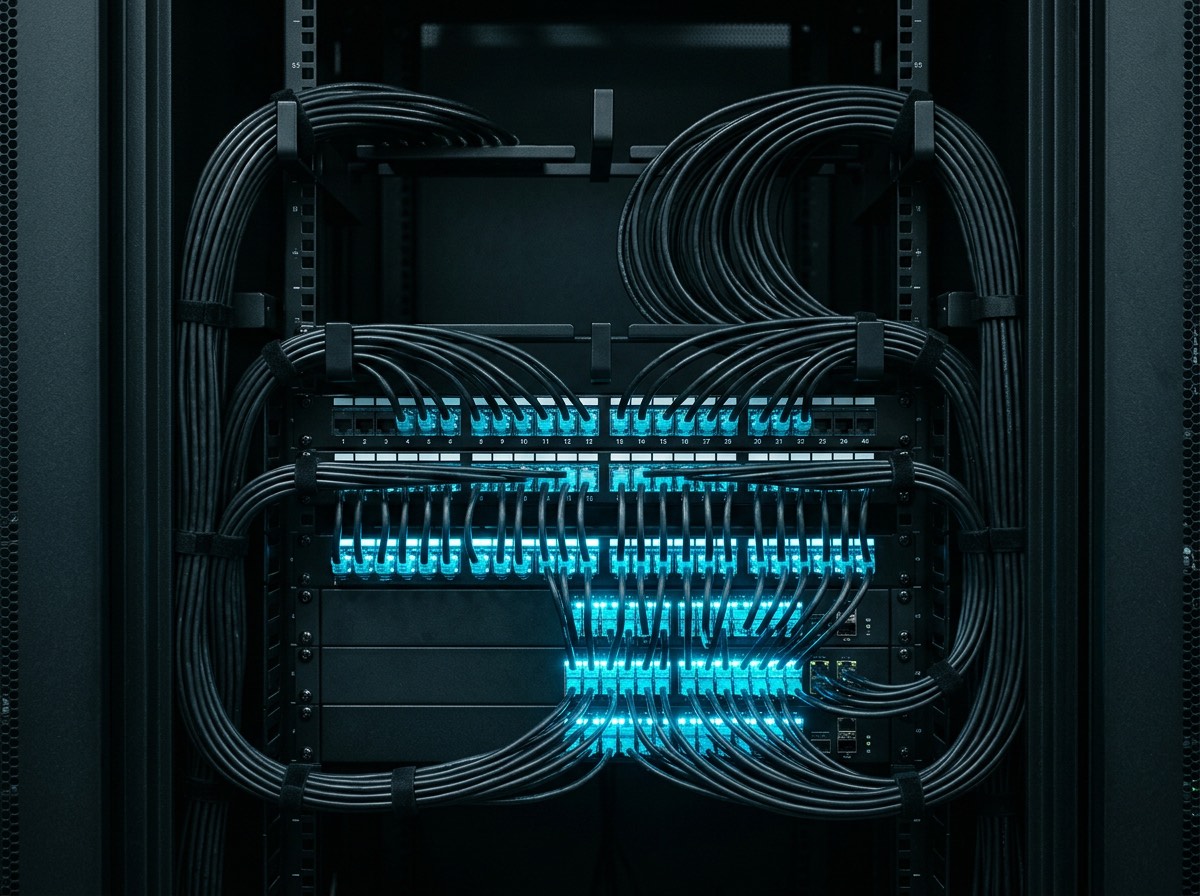 Structured Cat6A cabling in a commercial network rack