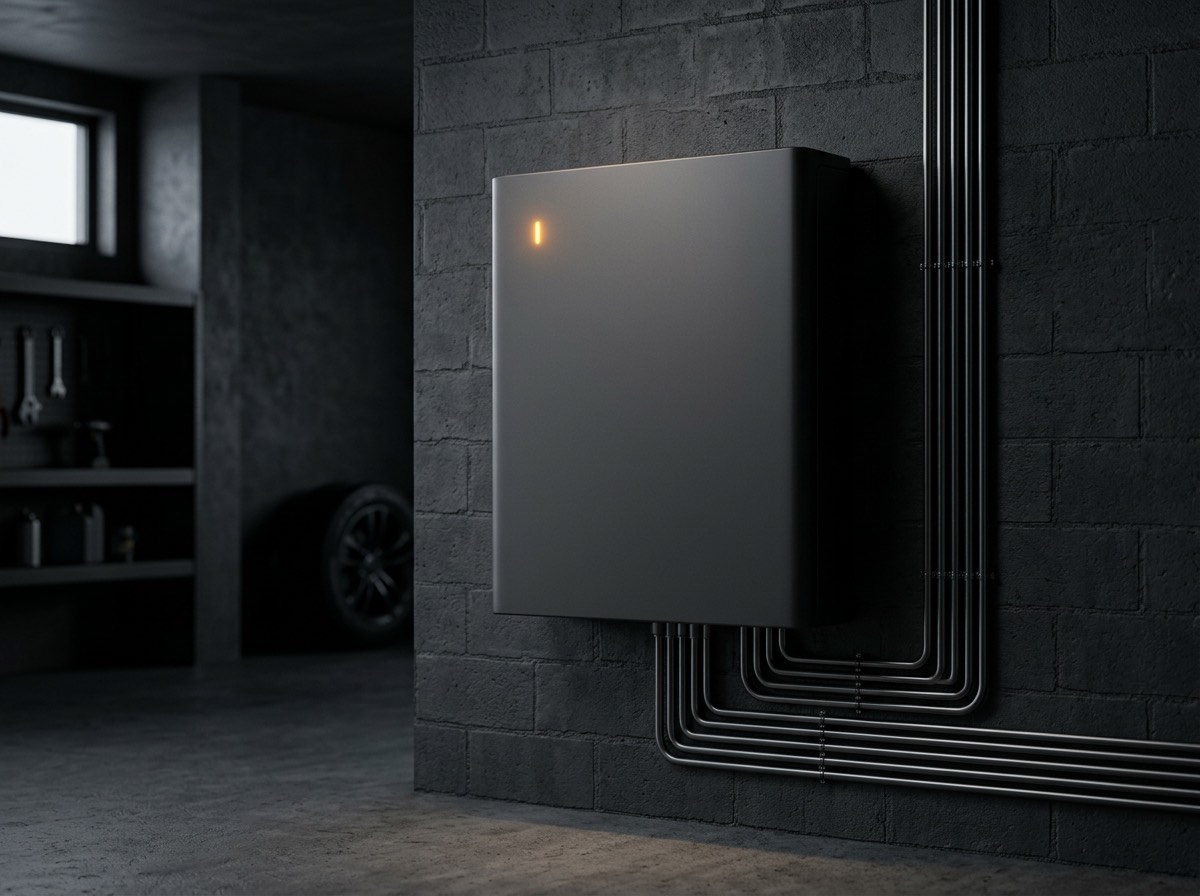 Home battery storage unit mounted on a garage wall