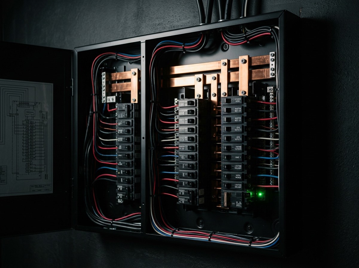 Labelled residential switchboard with tidy cable runs
