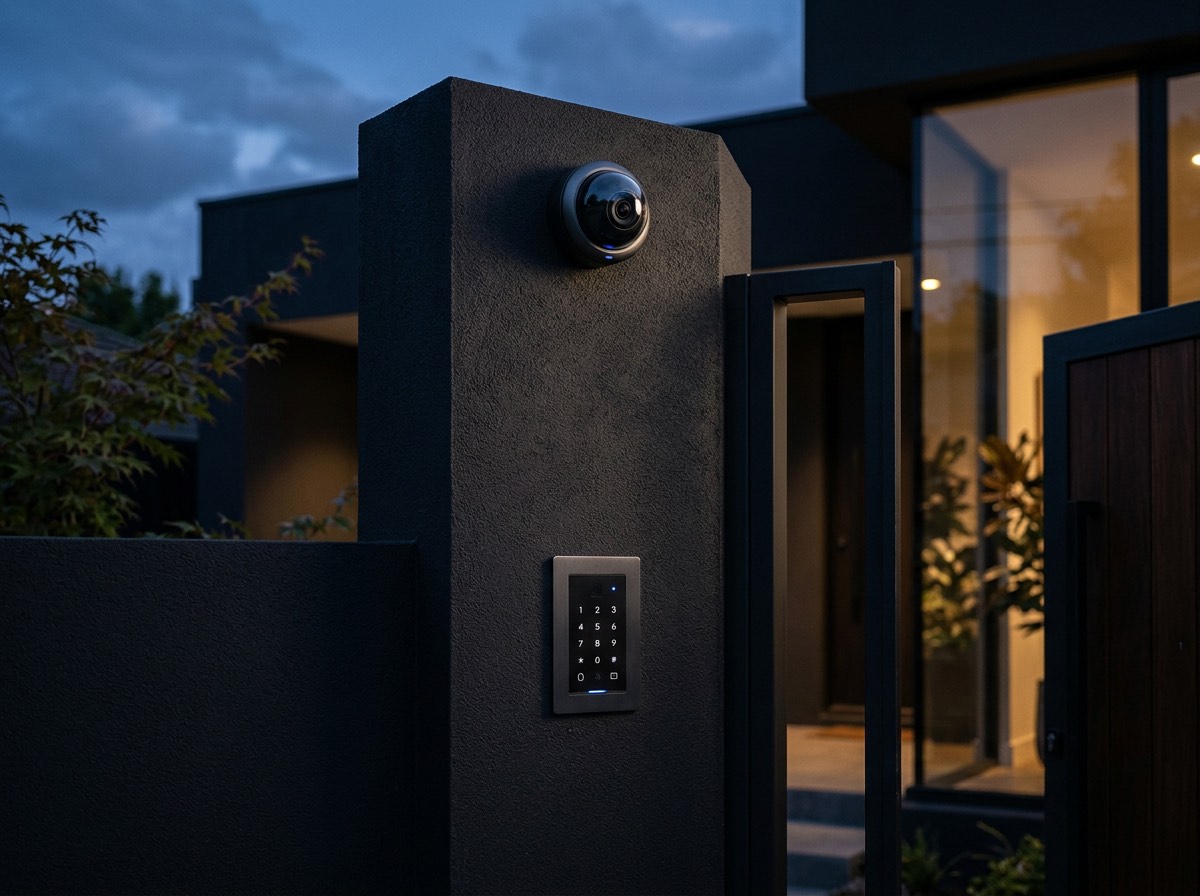 Security camera and access keypad on a modern exterior wall