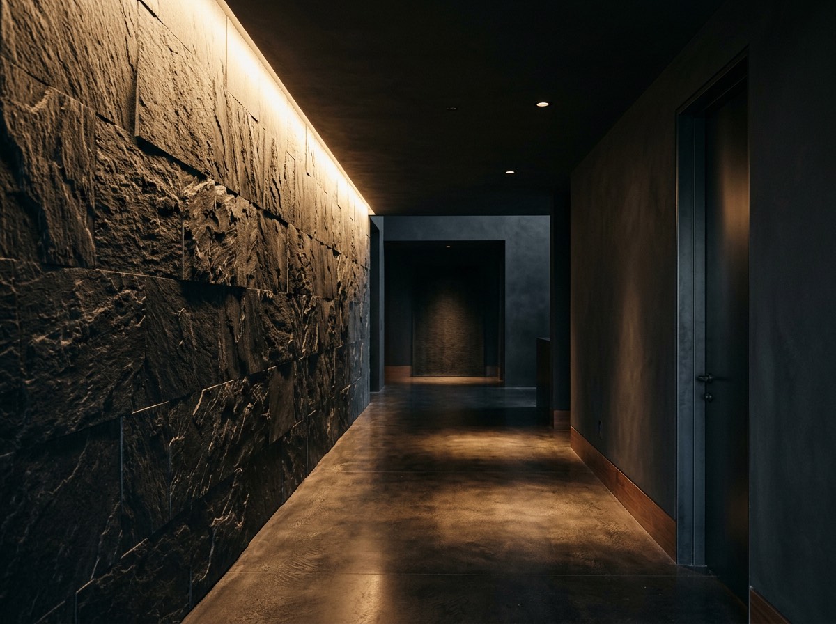 Architectural lighting grazing a stone feature wall