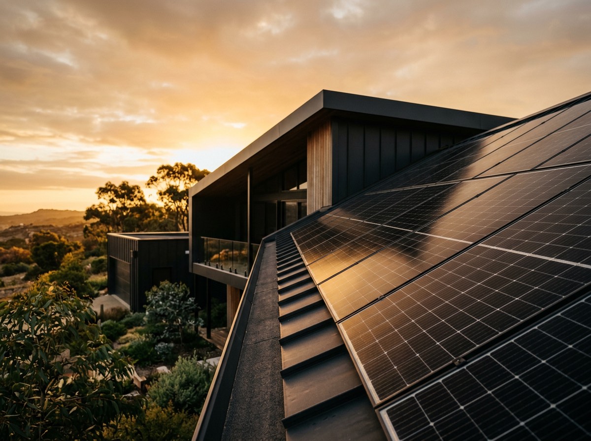 Solar array on a contemporary Perth home at golden hour