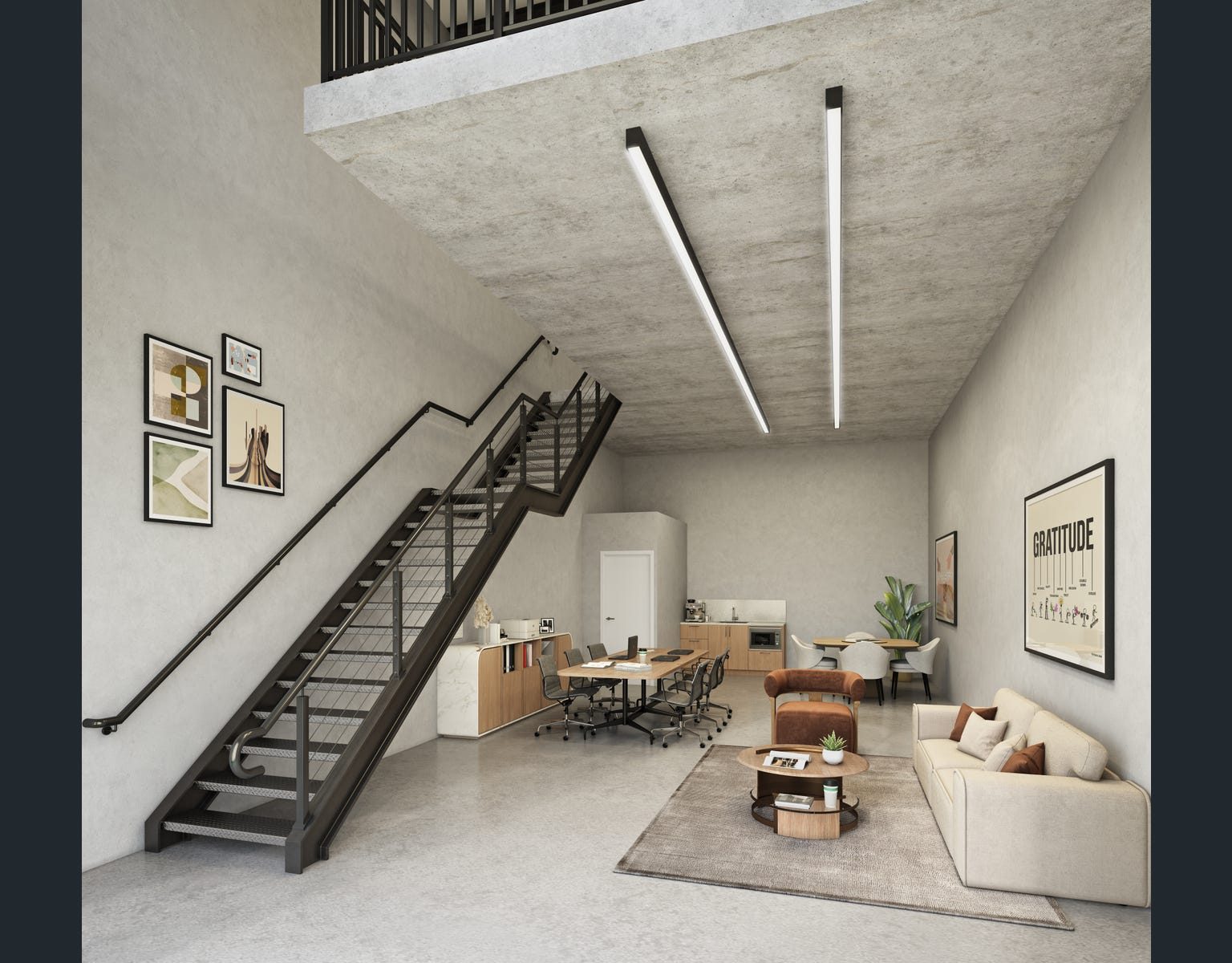 Double-height loft office with mezzanine concept render, Carlisle