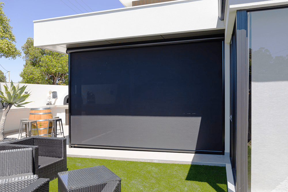 NSS Galaxy motorised outdoor blind on a 100 mm pelmet