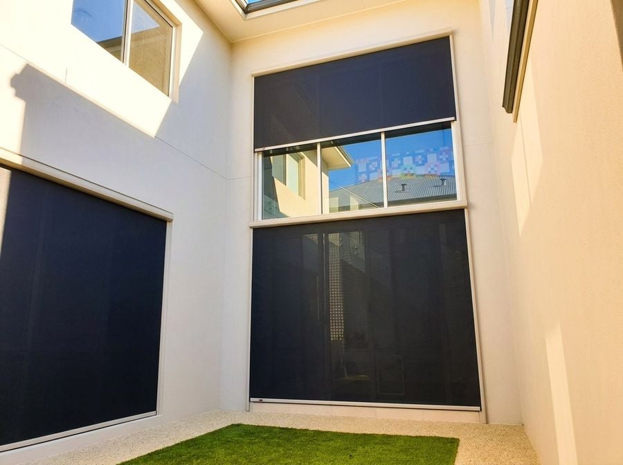 NSS Lunar outdoor window blinds on courtyard windows in a Perth home